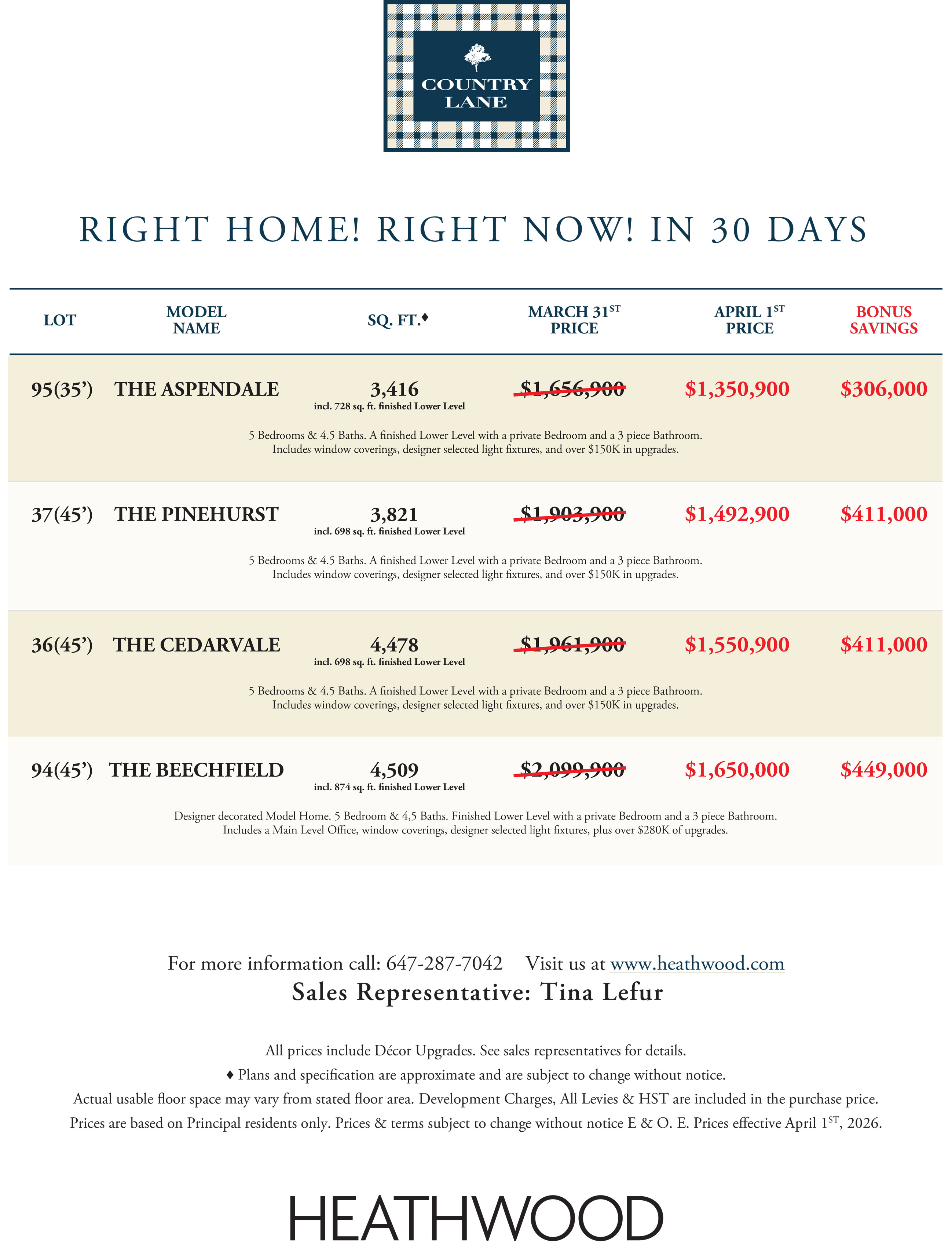 Country Lane Price List