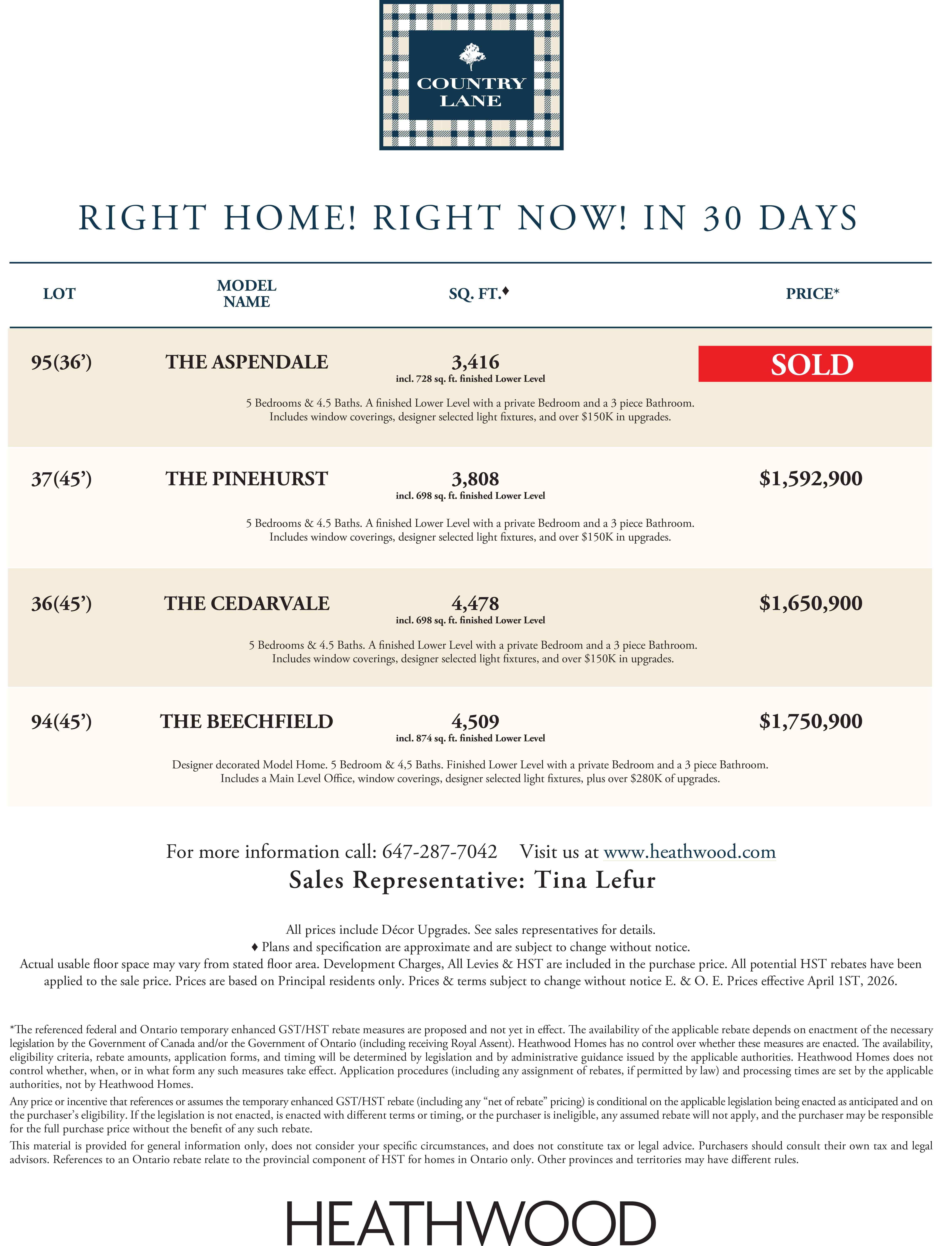 Country Lane Price List