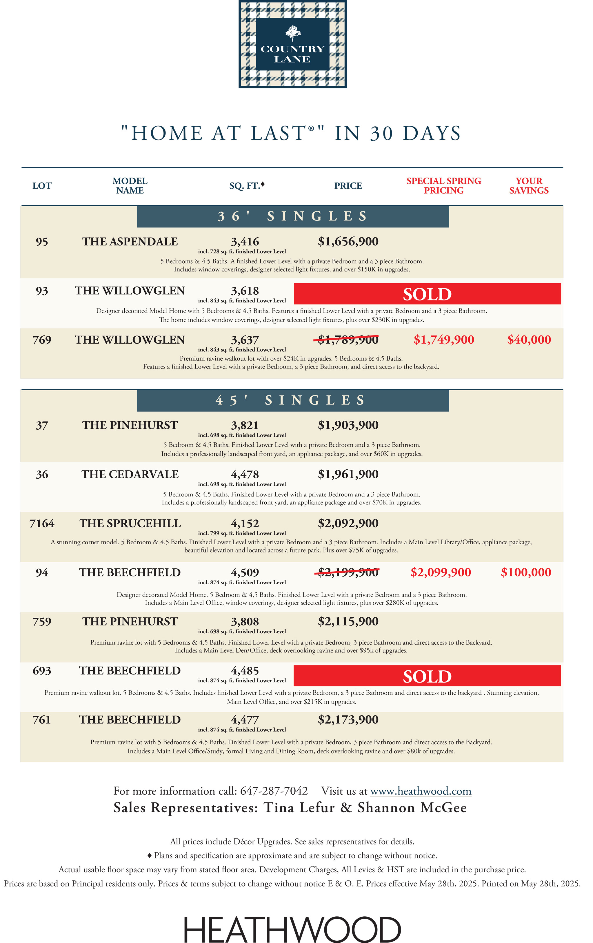 Country Lane Price List