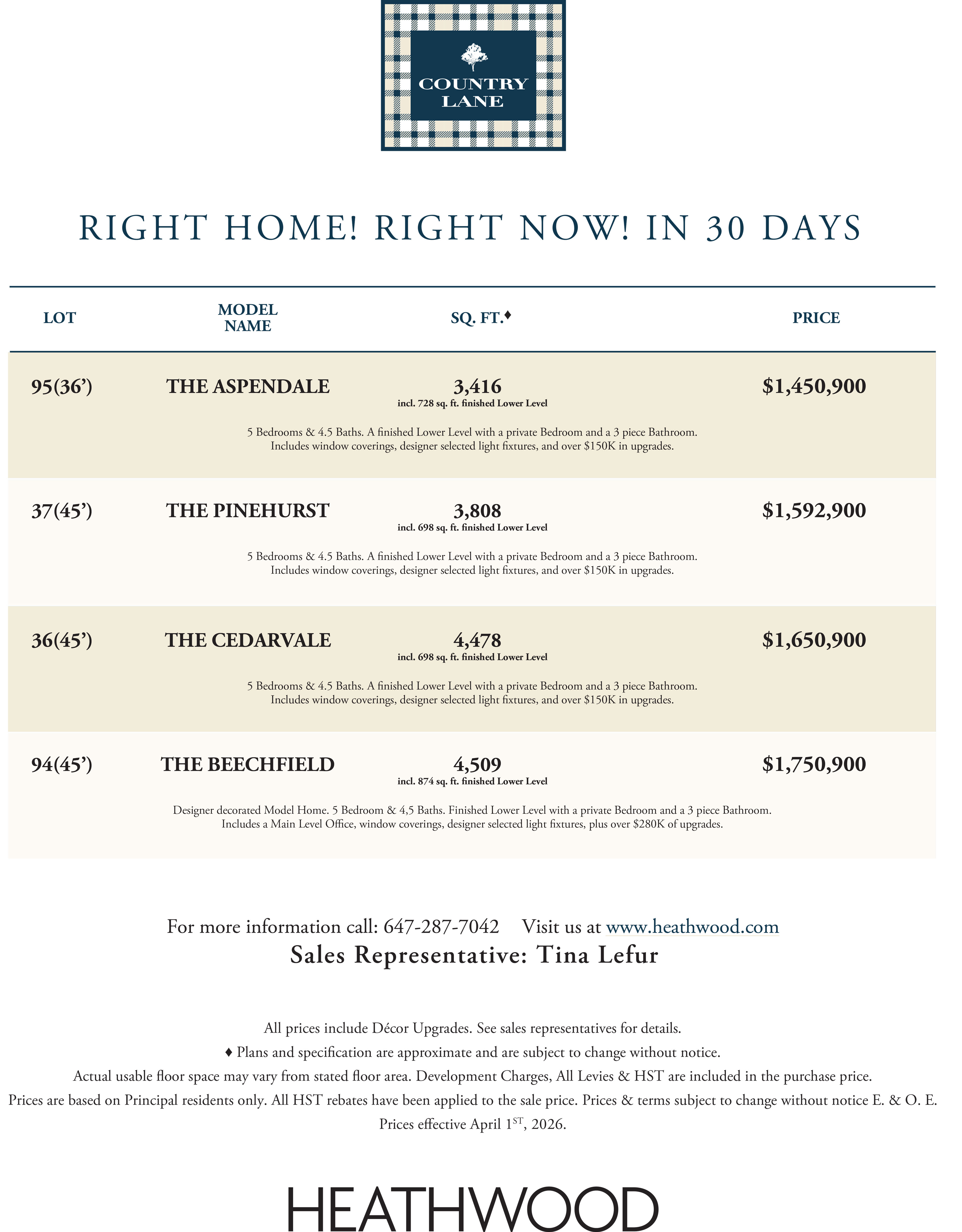 Country Lane Price List